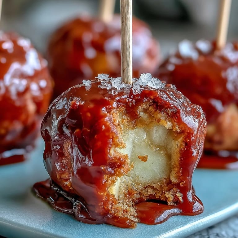 Crisp apple chunks dipped in vibrant red candy shell, served on skewers for easy party-friendly dessert bites.