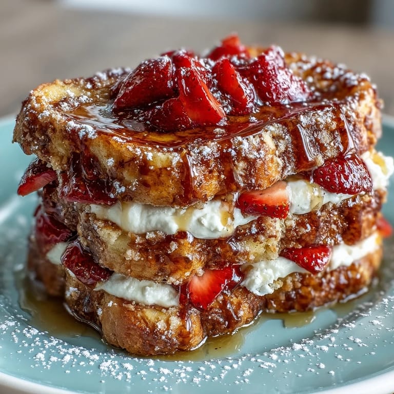 A make-ahead strawberry French toast bake, ideal for spring brunches, served warm with a drizzle of maple syrup and fresh fruit garnish.