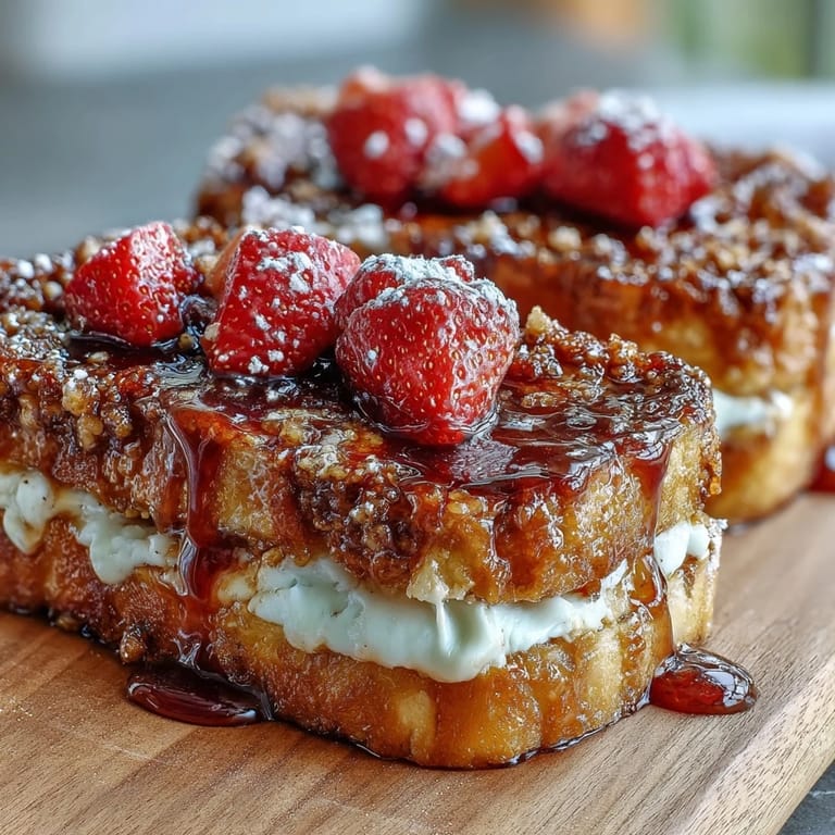 Baked French toast casserole layered with fresh strawberries and creamy custard, topped with buttery streusel and dusted with powdered sugar.  