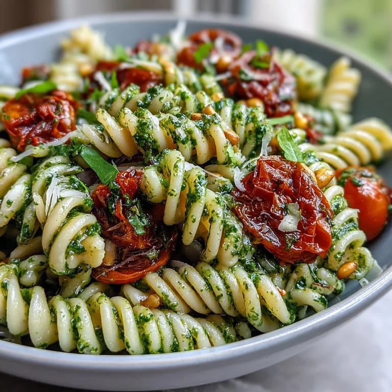 Fresh basil pesto coats al dente pasta in this vibrant cherry tomato salad, topped with parmesan shavings and lemon zest.