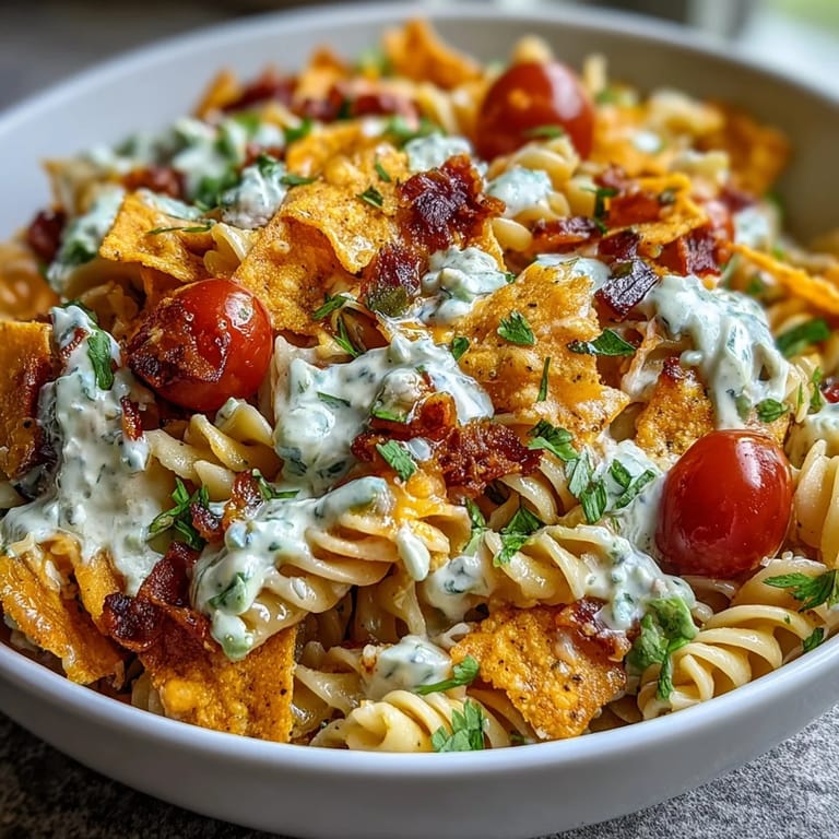 A hearty bowl of Taco Pasta Salad with Doritos, avocado ranch, and Tex-Mex toppings, perfect for parties or lunch.