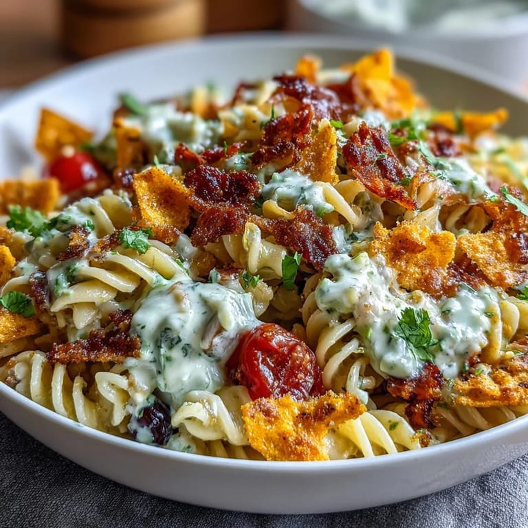 Creamy avocado ranch coats rotini pasta, black beans, and fresh vegetables in this Doritos-topped Taco Pasta Salad.  