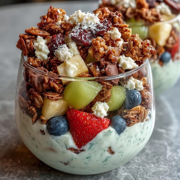Colorful individual snack cups layered with juicy berries, pineapple, and vanilla yogurt, topped with crispy granola for a fun, healthy bite.