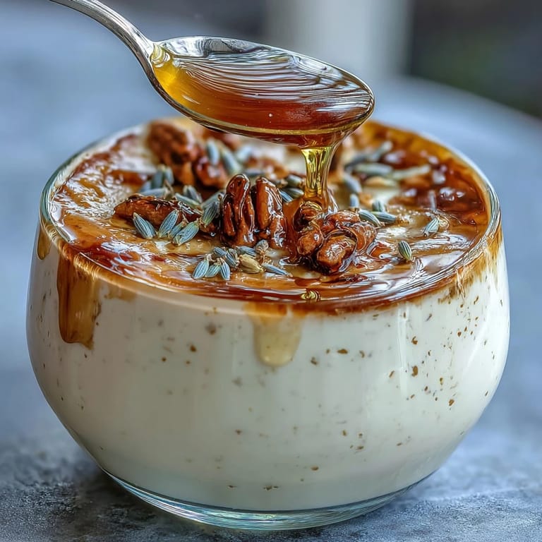 Fragrant Italian dessert featuring creamy honey lavender panna cotta, topped with fresh berries and edible flowers for a spring-inspired presentation.