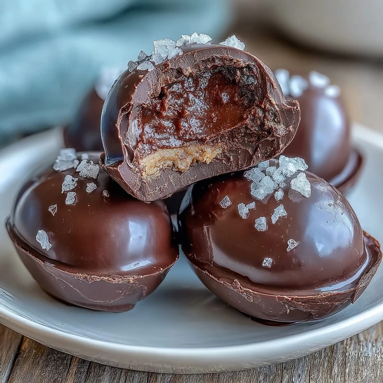 Decadent dark chocolate-coated peanut butter eggs with sea salt, perfect for festive Easter dessert platters and homemade gifting.