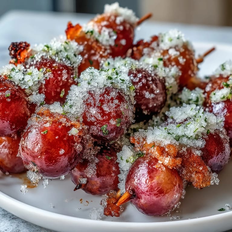 Juicy frozen grapes threaded on skewers and dusted with tangy lime sugar for a cool snack.