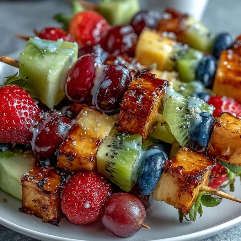 Vibrant Rainbow Fruit Skewers with Honey Dip: A stunning array of fresh fruits arranged in rainbow order, paired with luscious honey-yogurt dip.