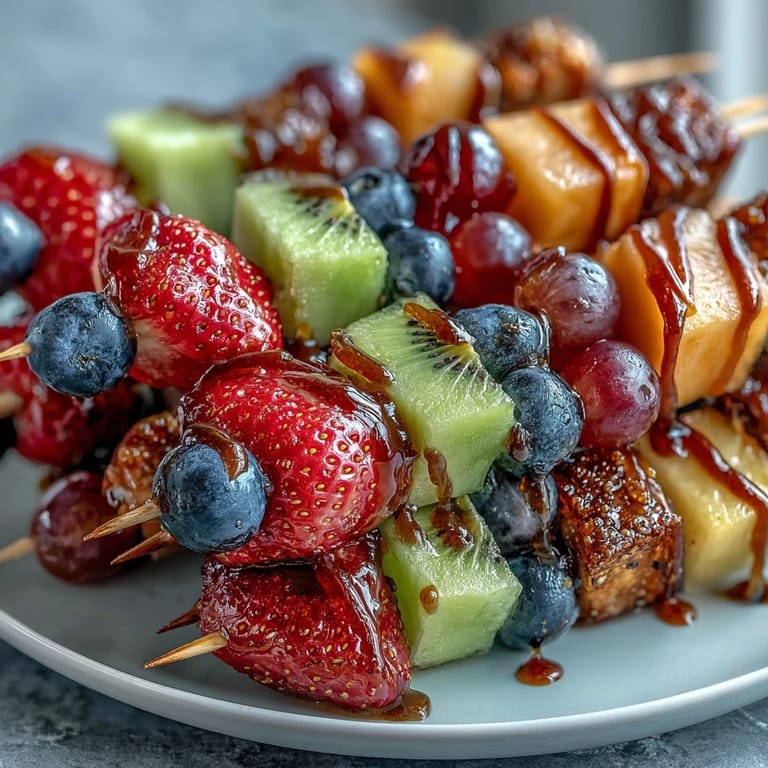 Rainbow Fruit Skewers with Honey Dip: Bright, juicy fruits threaded on skewers and served alongside a smooth, sweet honey-yogurt dip for perfect snacking.