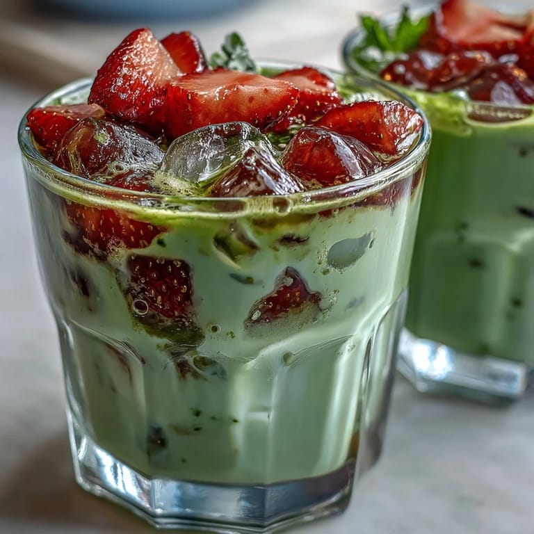 Creamy oat milk combines with sweet strawberry puree and smooth matcha in this beautiful, energizing latte, ideal for a healthy summer treat.