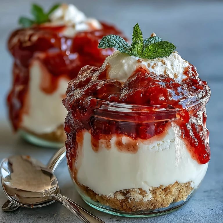 Individual No-Bake Strawberry Cheesecake Jars topped with vibrant strawberry sauce and mint garnish.