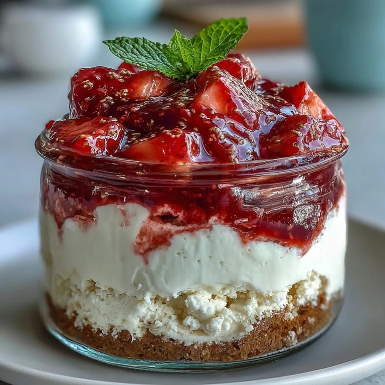 Layered No-Bake Strawberry Cheesecake Jars featuring buttery graham base and smooth vanilla cheesecake filling.