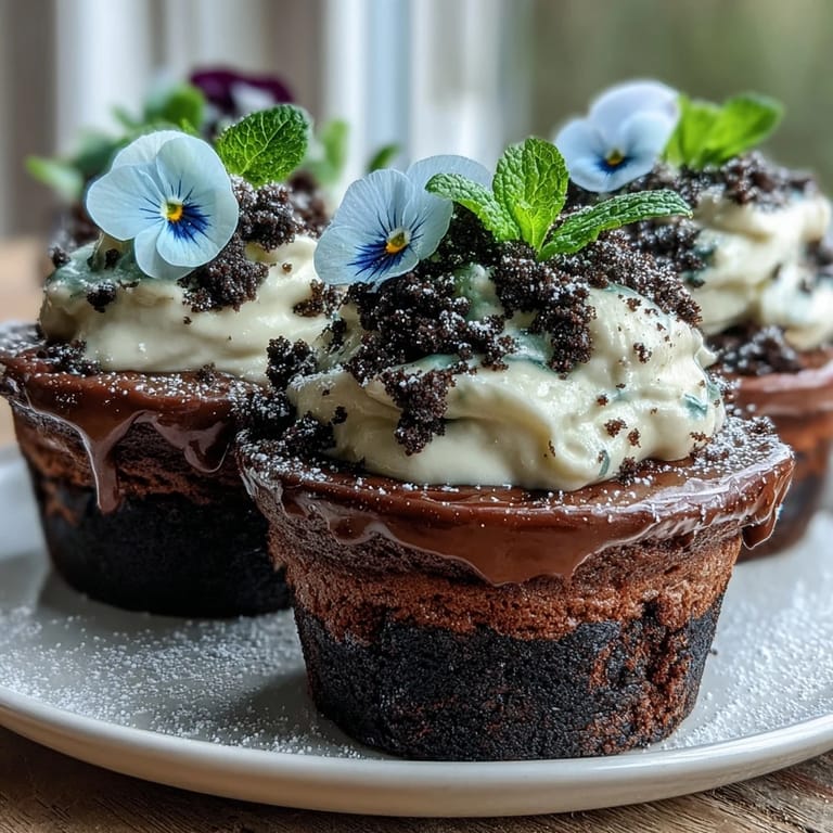 Rich brownies topped with fluffy cream mimic a delightful garden treat.
