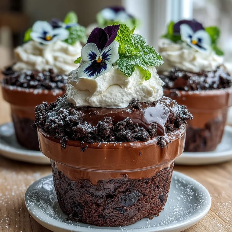 Whimsical Mother's Day Flower Pot Brownies are perfectly decorated with fresh herbs.