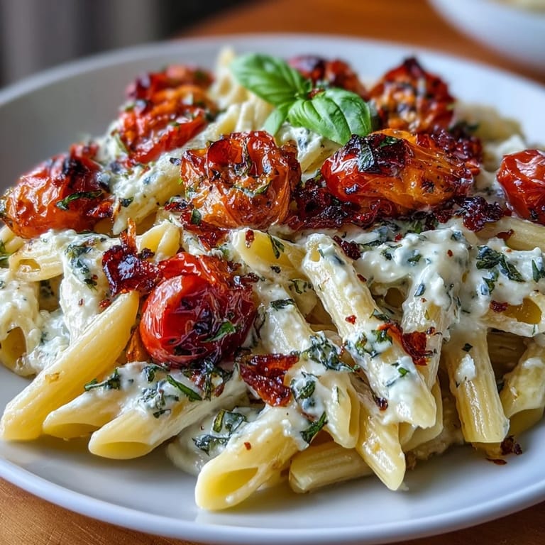 Roasted feta pasta with vibrant cherry tomatoes, perfect for a weeknight meal.