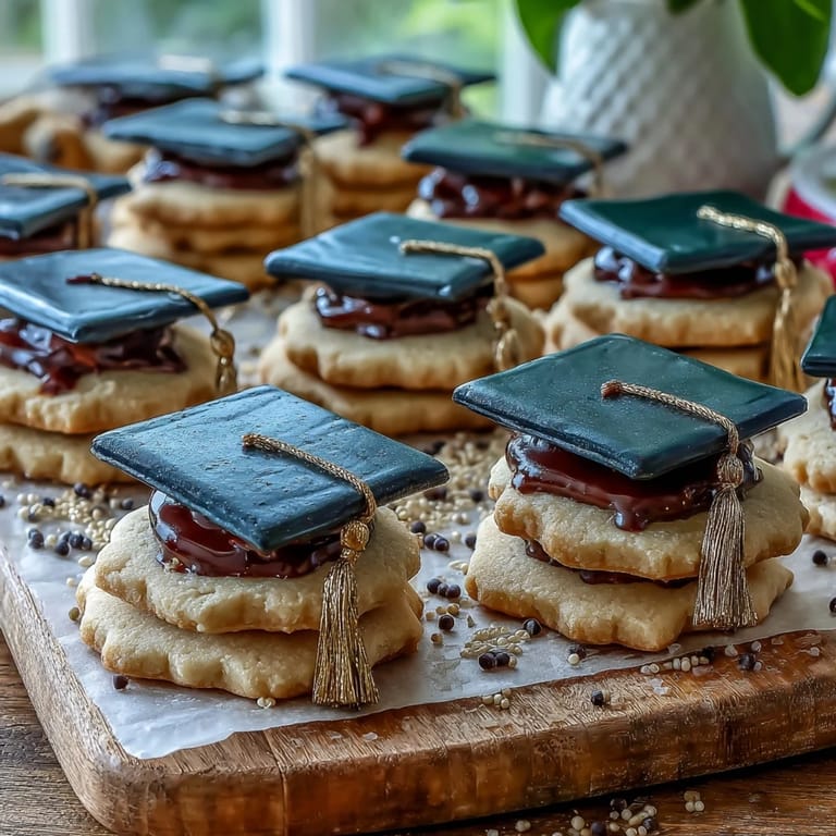 Close-up of buttery graduation cookies, diploma and cap shapes, outlined in gold.