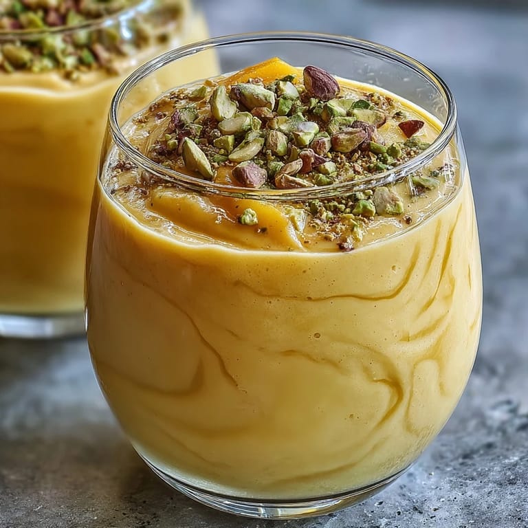 Refreshing Mango Lassi Smoothie garnished with cardamom, perfect for a summery treat.