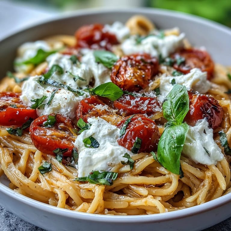 Fresh basil and juicy tomatoes adorn Summer Caprese Pasta with melty burrata.