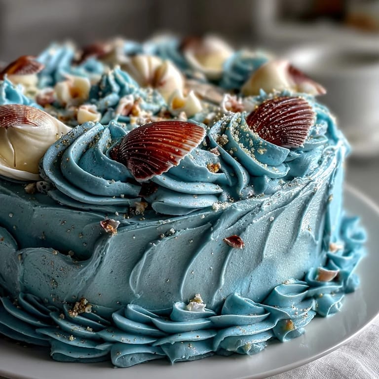 Moist vanilla Cancer zodiac cake artfully decorated with oceanic blue frosting and edible shells.