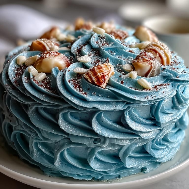Enchanting Cancer zodiac cake dessert, showcasing blue buttercream and delicate seashell decorations.