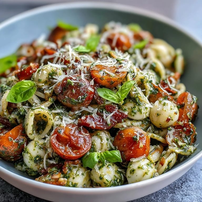 Cool Caprese Pasta Salad showcasing sweet tomatoes and delightful pesto for a summer meal.