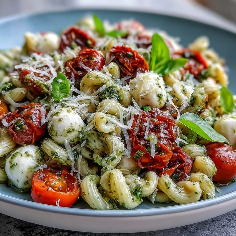 Juicy Caprese Pasta Salad with creamy mozzarella and bright basil dressing, ready for lunch.