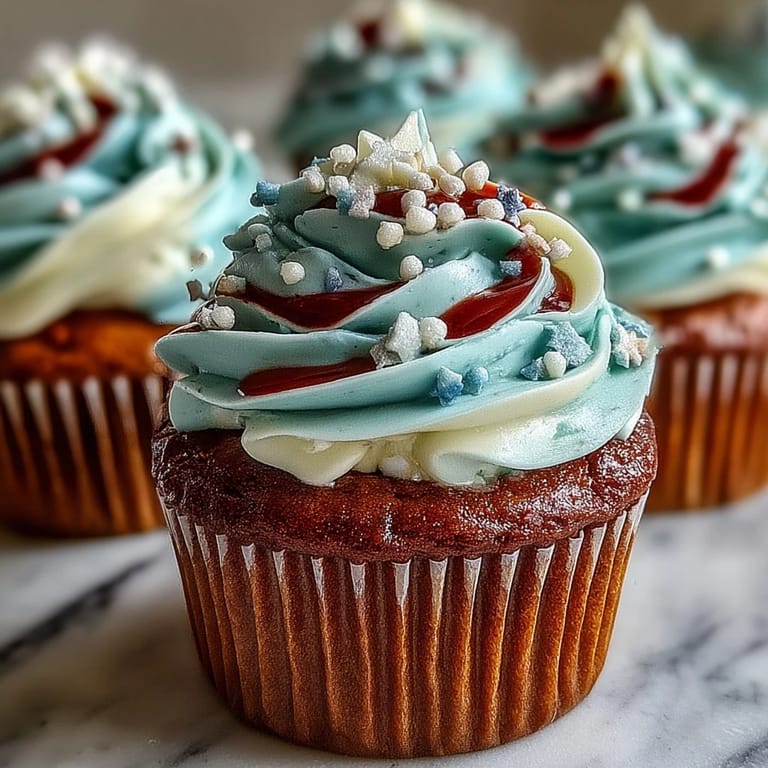 Enjoy swirled patriotic frosting on these easy Star-Spangled Banner Cupcakes, perfect for parties.