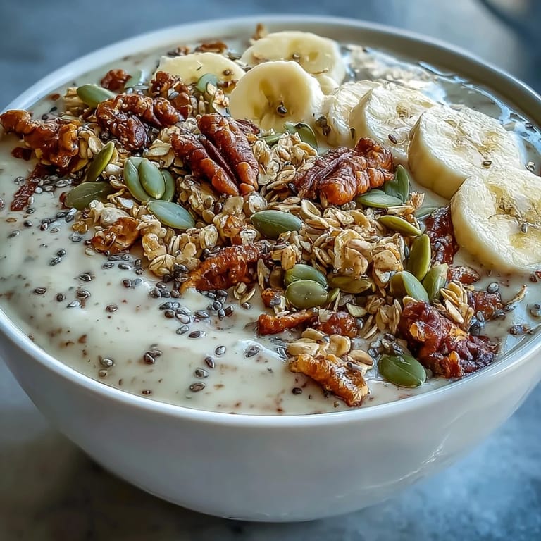 Decadent psyllium banana smoothie bowl, beautifully topped for a healthy start.