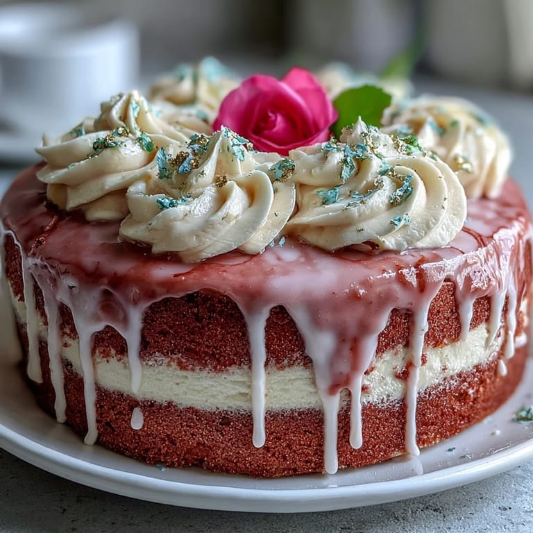 Decadent rosé velvet cake, adorned with a beautiful edible gold drip.