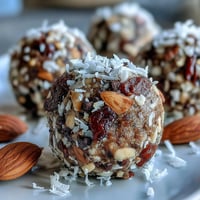 Twelve Hojicha Energy Balls rolled in shredded coconut sit on a white plate for an easy vegan snack.