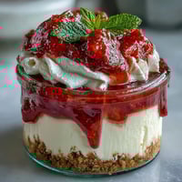 No-Bake Strawberry Cheesecake Jars with creamy filling and fresh strawberry compote in glass jars.