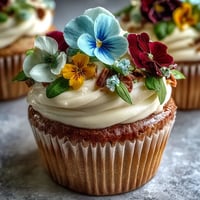 Delicate vanilla cupcakes topped with buttercream frosting and edible spring flowers, perfect for a garden party or festive dessert table.