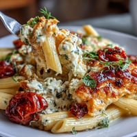 Creamy baked feta pasta dish with burst cherry tomatoes and fresh basil.