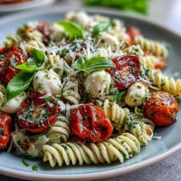 Vibrant Caprese Pasta Salad bursting with tomatoes, mozzarella pearls, and fresh pesto.