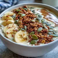 Creamy high fiber smoothie bowl with banana and seeds, a vibrant breakfast.