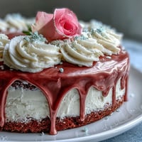 Elegant Bridal Shower Rosé Velvet Cake with shimmering gold drip.